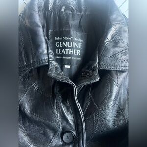 Vintage Italian Stone Design Black Genuine Leather Bomber Jacket